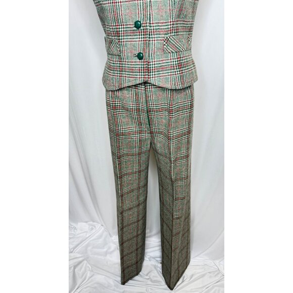 Vtg Betty Rose 3 Piece Plaid Wool Pant Suit Red Green Small 70s Suit Christmas - Picture 2 of 16